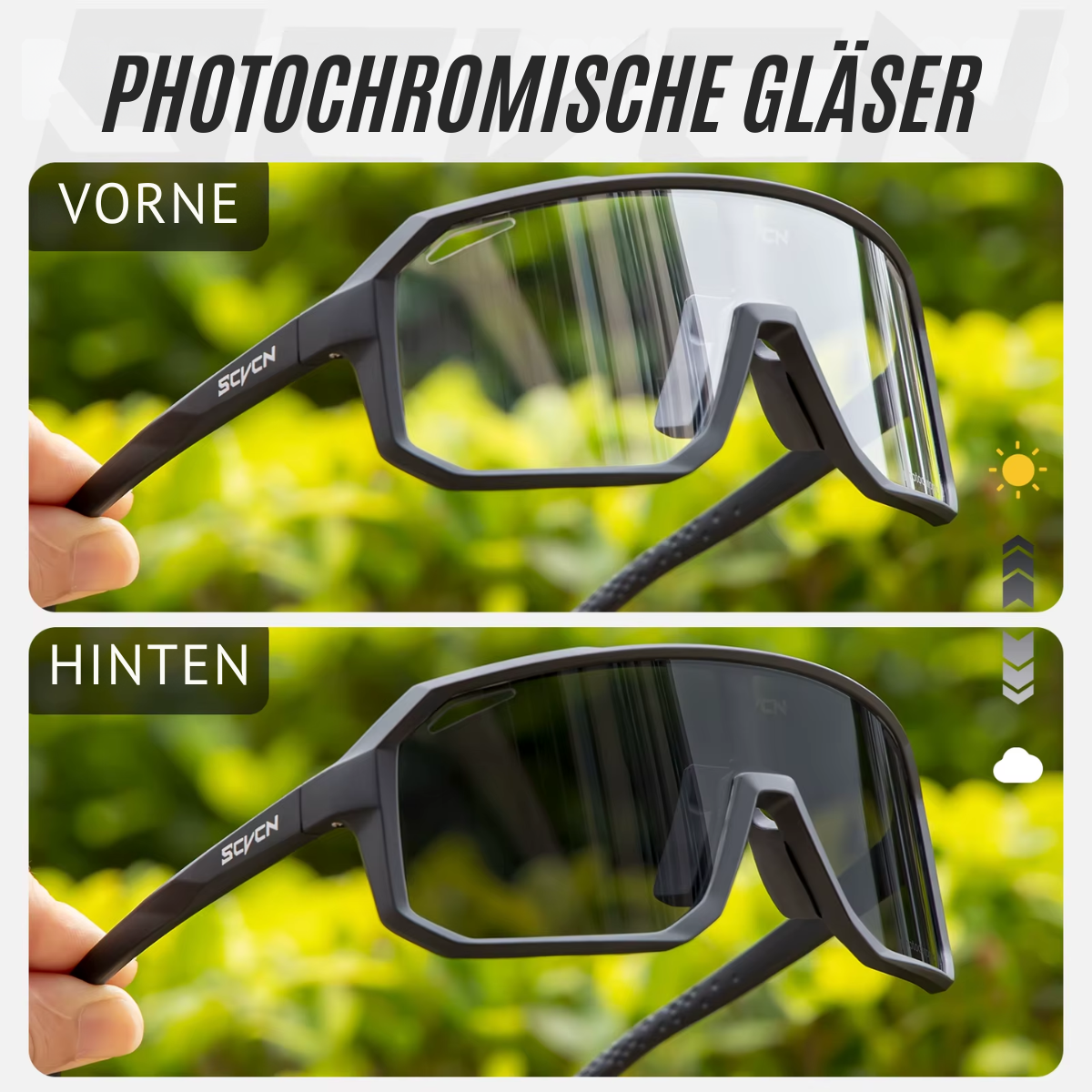  Fahrradbrille mit photochromen Gläsern bei heller Lichteinstrahlung