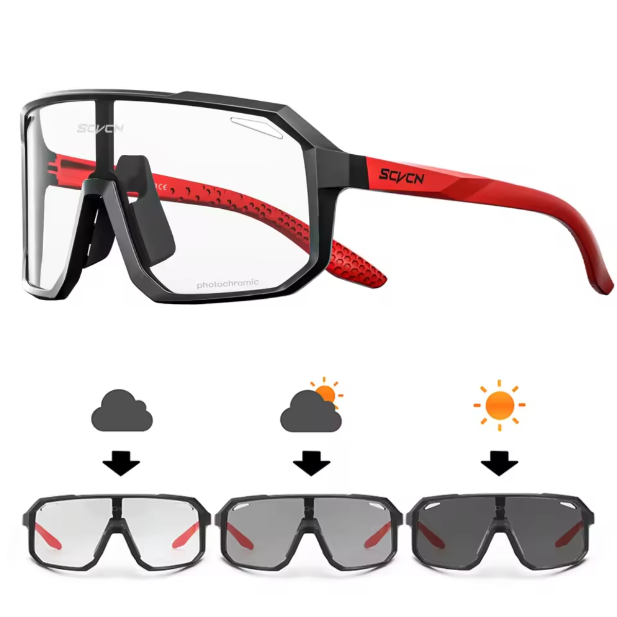 Fahrradbrille selbsttönend in rot und schwarz mit photochromen Gläsern