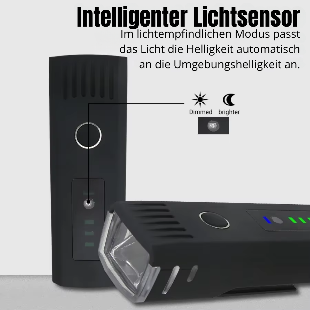 Intelligenter Lichtsensor der Veltrix Fahrradlampe passt Helligkeit automatisch an die Umgebung an