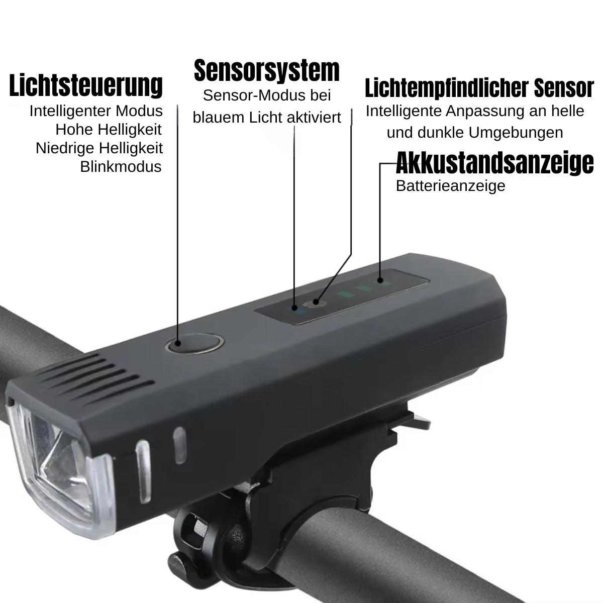 Lichtsteuerung und Sensorsystem der Veltrix Fahrradlampe mit Akkustandsanzeige
