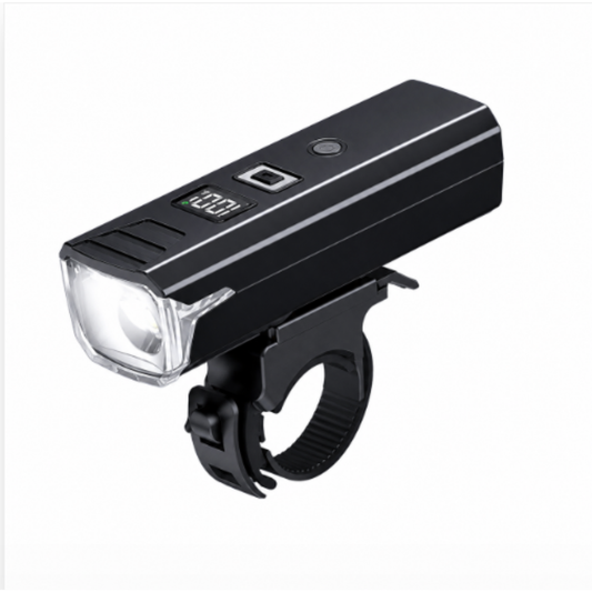 Veltrix Fahrradlampe 3000 Lumen mit LCD-Anzeige in der Frontansicht am Lenker