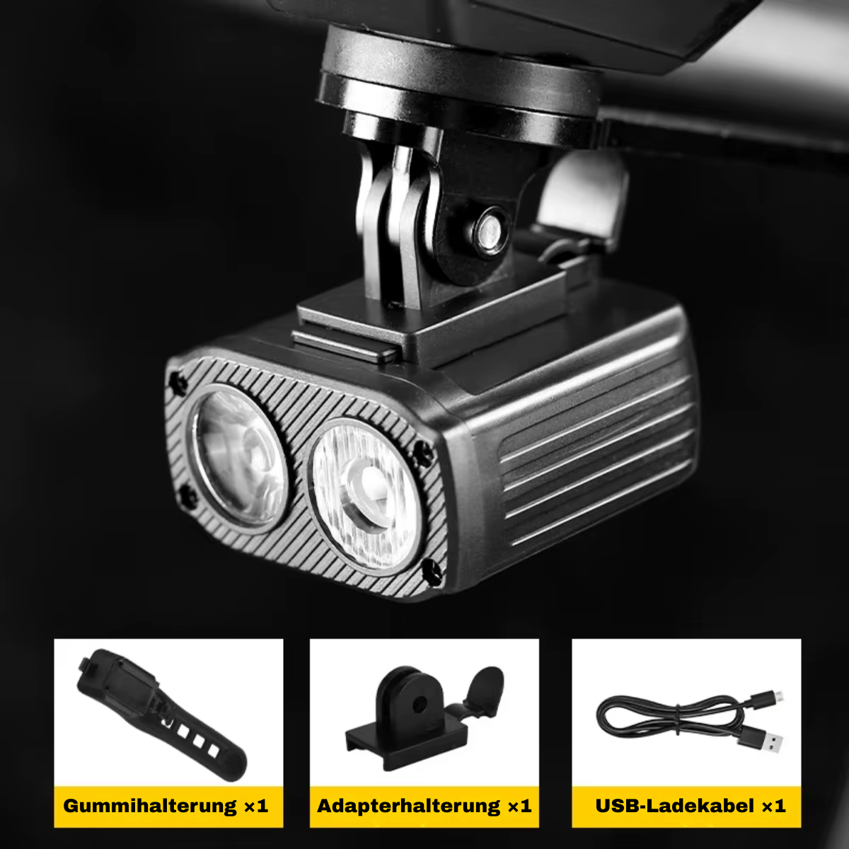 Veltrix Fahrradlampe mit Doppel-LED-System, Halterung, Adapter und USB-Ladekabel