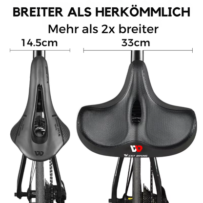 Extra breiter Fahrradsattel mit Maßvergleich zu herkömmlichen Sätteln