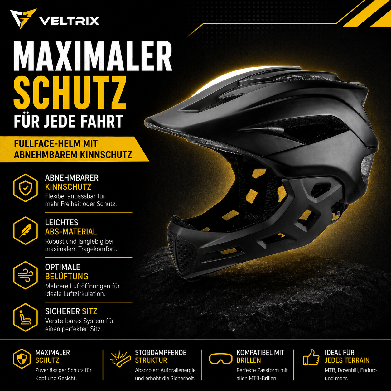 MTB Fullface Fahrradhelm mit abnehmbarem Kinnschutz, robuster ABS-Schale und effizienter Belüftung für Trail, Enduro und Downhill.
