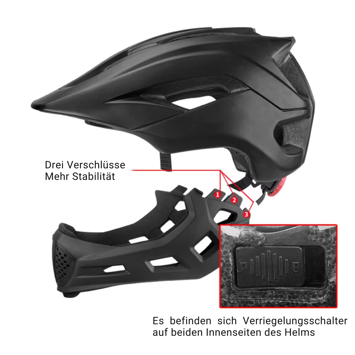 Fullface Kinderhelm mit Detailansicht der Kinnschutz-Befestigung