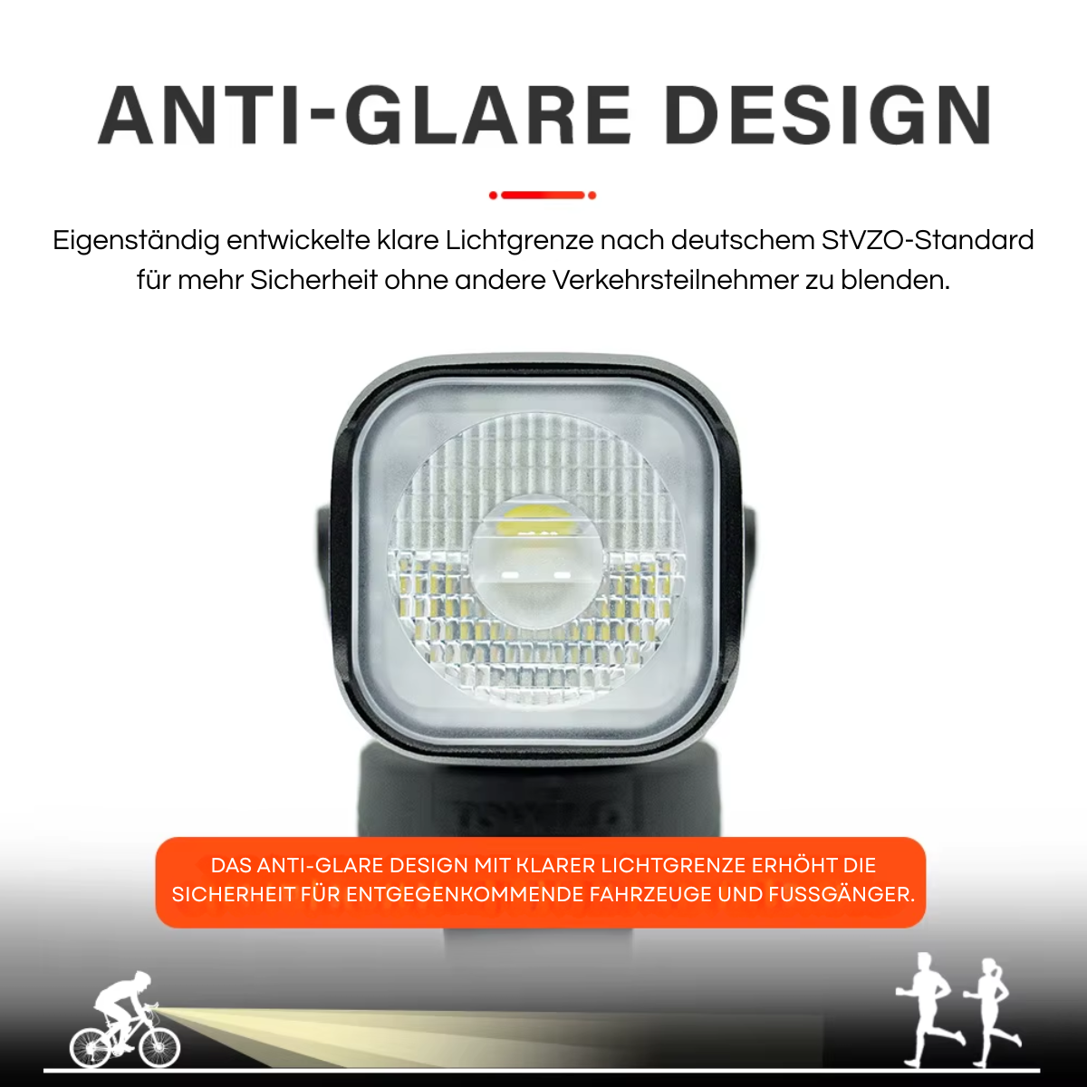 Anti-Glare Design der Veltrix Mini Fahrradlampe für blendfreies Licht im Straßenverkehr
