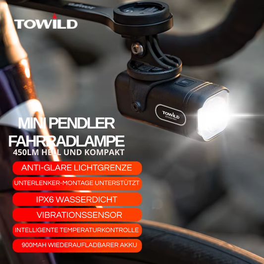 Veltrix Mini Fahrradlampe 450 Lumen mit Anti-Glare Lichtlinie, IPX6 wasserdicht und Vibrationssensor