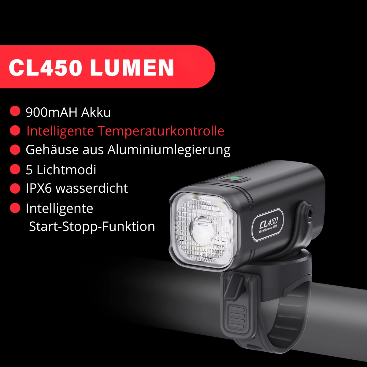 Veltrix Mini Fahrradlampe mit 450 Lumen, 900 mAh Akku und Aluminiumgehäuse