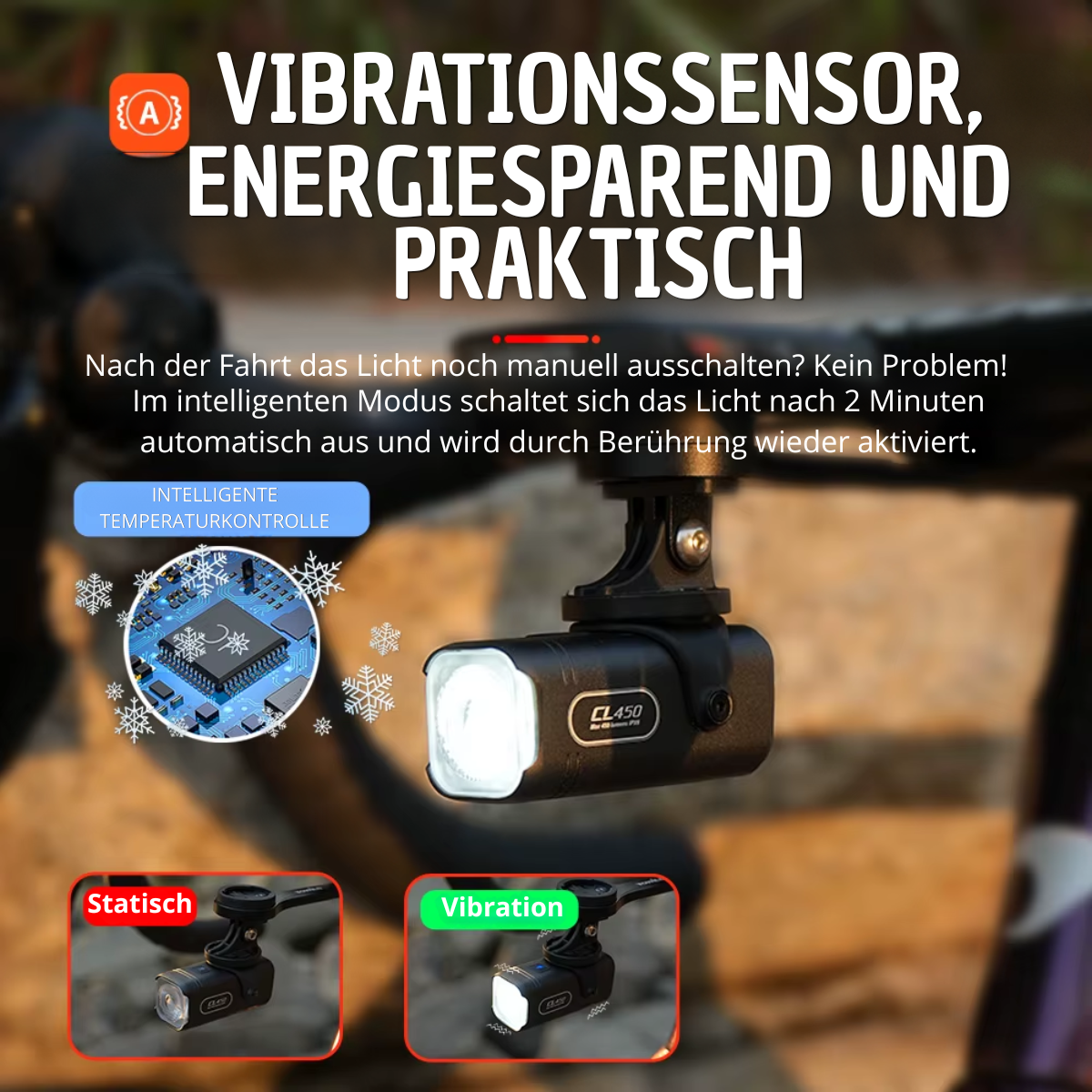 Vibrationssensor der Veltrix Mini Fahrradlampe für energiesparenden Betrieb