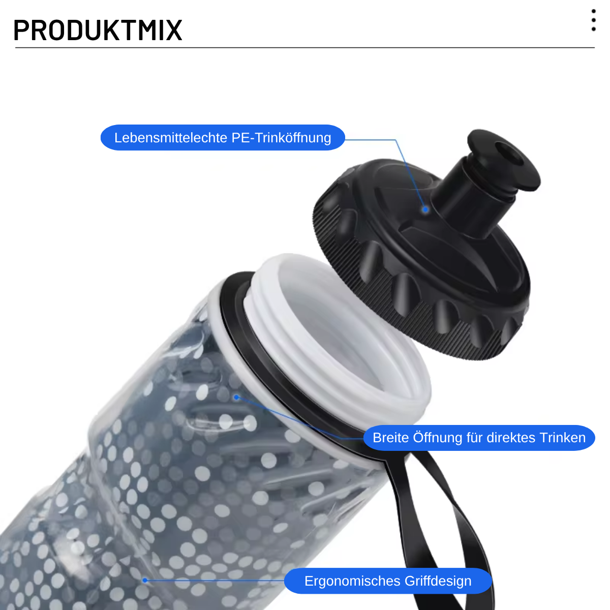 RIDERACE Fahrrad Trinkflasche mit Produktinformationen zum Drucksystem