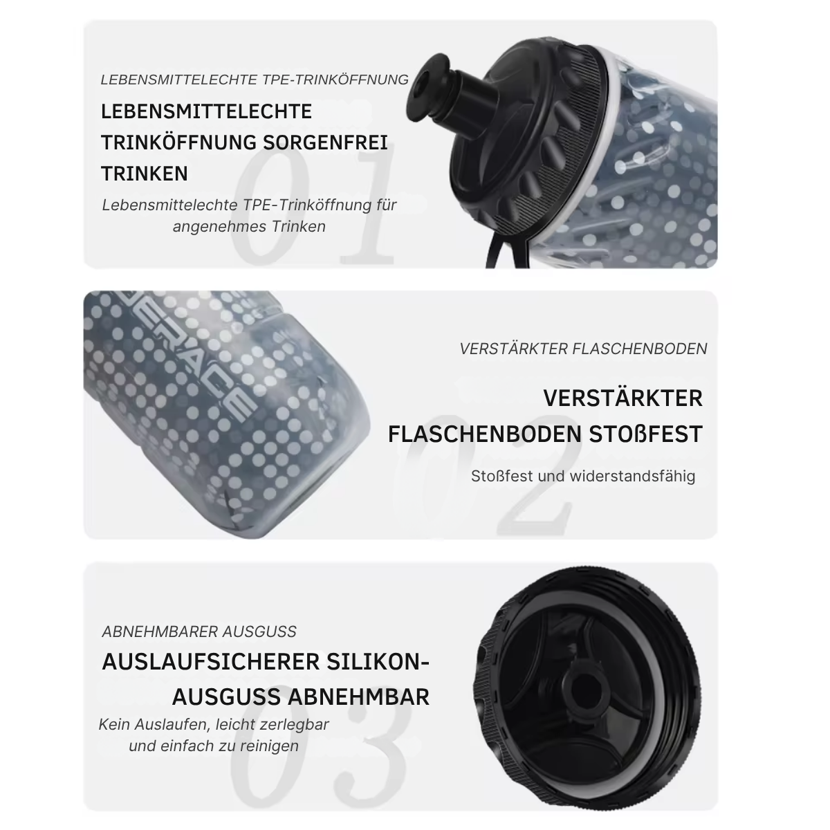 RIDERACE Fahrrad Trinkflasche mit Detailansicht des Verschlusses