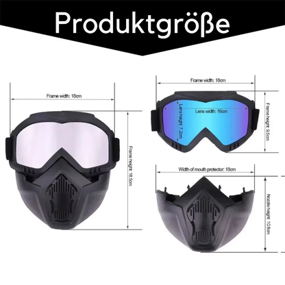 ShieldRide Fahrradmaske mit Maßangaben zur Produktgröße