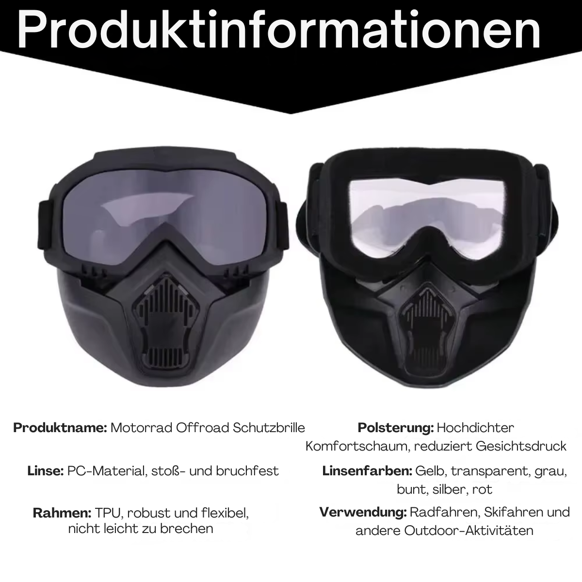 ShieldRide Fahrradmaske mit Produktinformationen zum Augenschutz