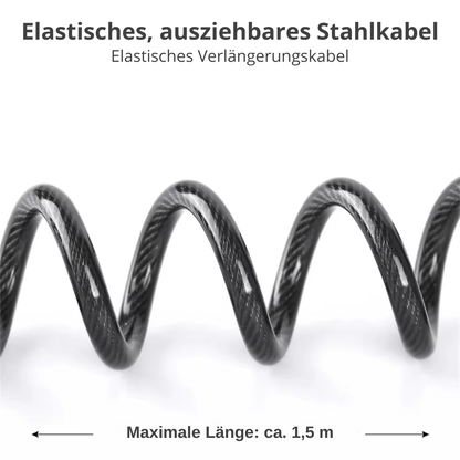 Spiralkabelschloss mit ausziehbarem Stahlkabel von bis zu 1,5 Metern Länge