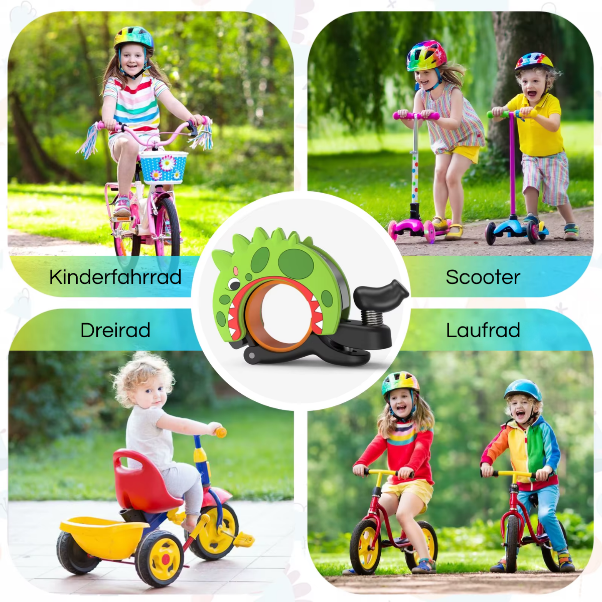 OPTREK Dino Fahrradklingel Kids im Einsatz an Kinderfahrrad, Laufrad und Scooter