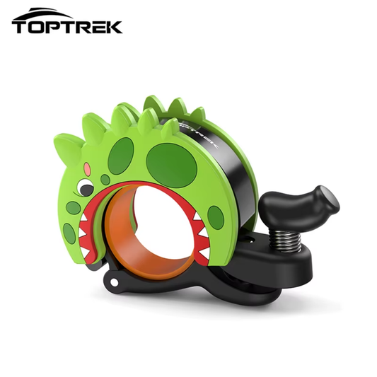 TOPTREK Dino Fahrradklingel Kids in der Frontansicht mit grünem Dinosaurier-Design