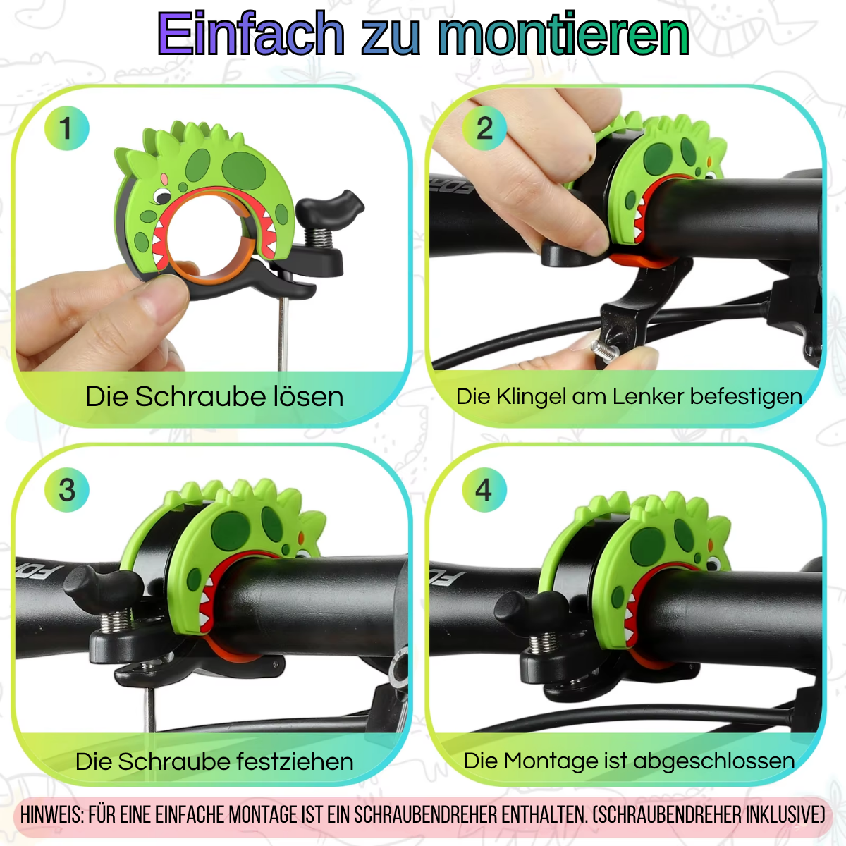 Einfache Montageschritte der TOPTREK Dino Fahrradklingel Kids am Lenker