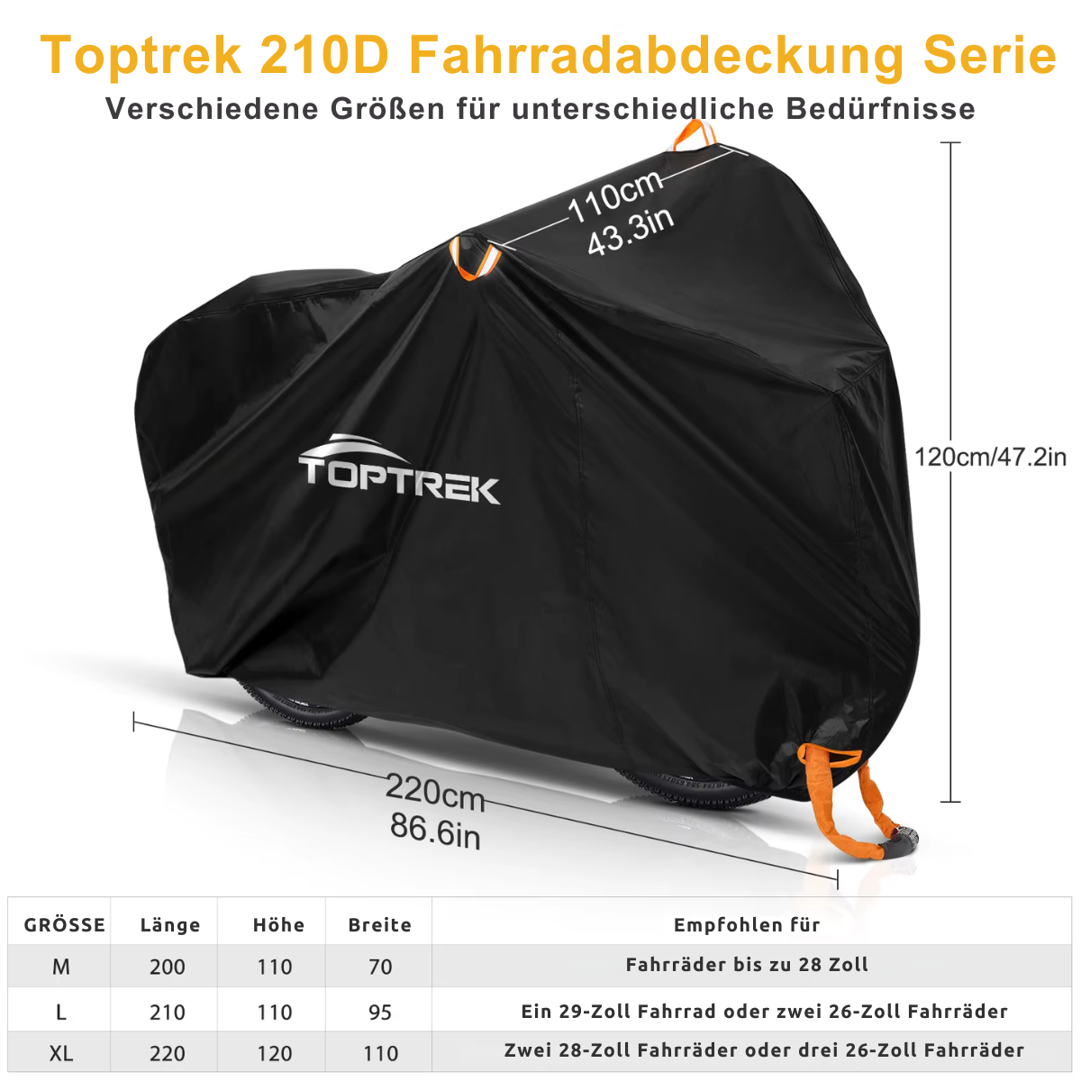 Größentabelle der TOPTREK Fahrradabdeckung 210D Oxford für verschiedene Fahrradgrößen und Fahrradtypen