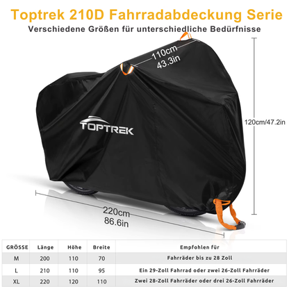 Größentabelle der TOPTREK Fahrradabdeckung 210D Oxford für verschiedene Fahrradgrößen und Fahrradtypen