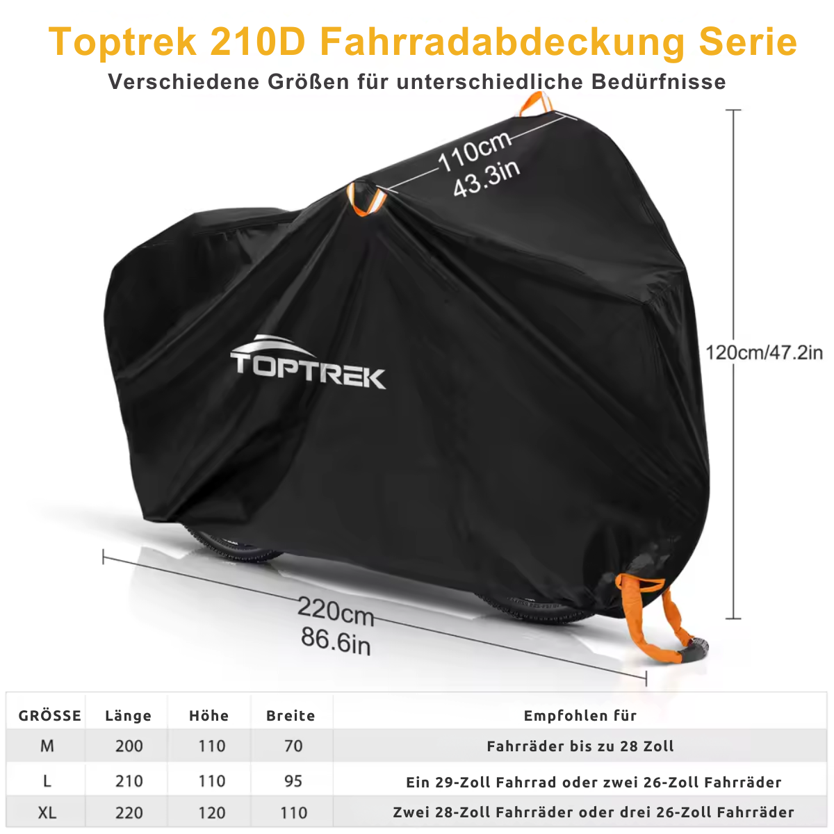 Vergleich der Größen M, L und XL der TOPTREK Fahrradabdeckung für verschiedene Fahrradtypen