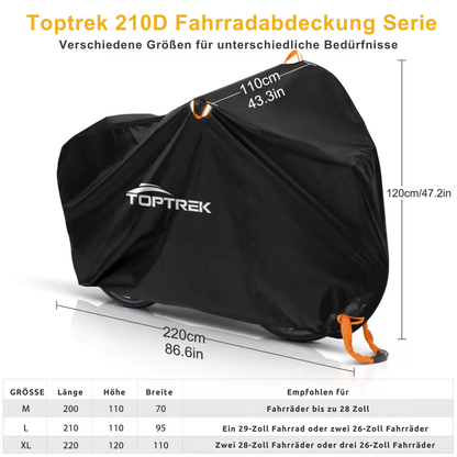 Vergleich der Größen M, L und XL der TOPTREK Fahrradabdeckung für verschiedene Fahrradtypen