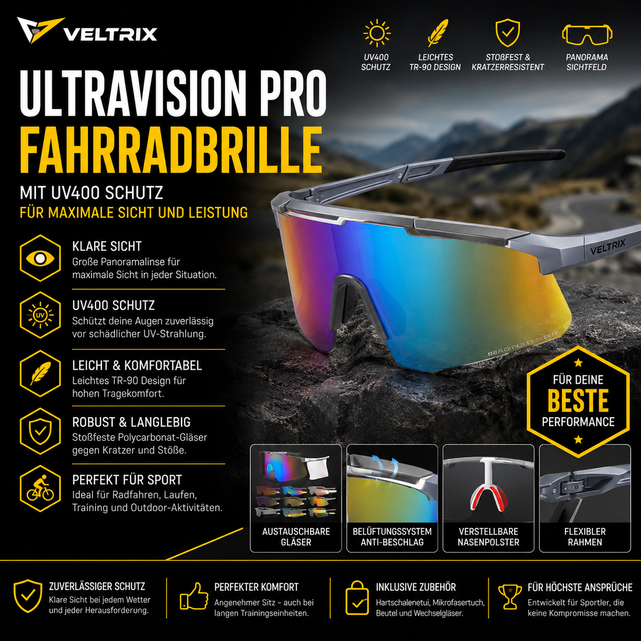 Sportliche Fahrradbrille mit UV400 Schutz, Panoramalinse und leichtem TR-90 Design für maximale Sicht und Komfort beim Radfahren.