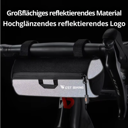 Großflächiges reflektierendes Material und Logo der WEST BIKING Fahrrad Lenkertasche