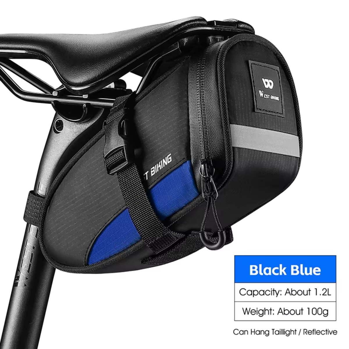WEST BIKING Fahrrad Satteltasche in Blau mit Kapazitätsangabe am Sattel