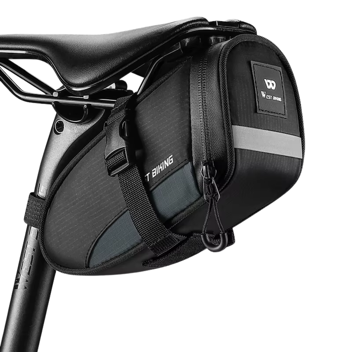 WEST BIKING Fahrrad Satteltasche in der Frontansicht am Sattel montiert