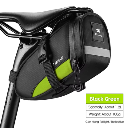WEST BIKING Fahrrad Satteltasche in Grün mit Gewichtsangabe am Sattel