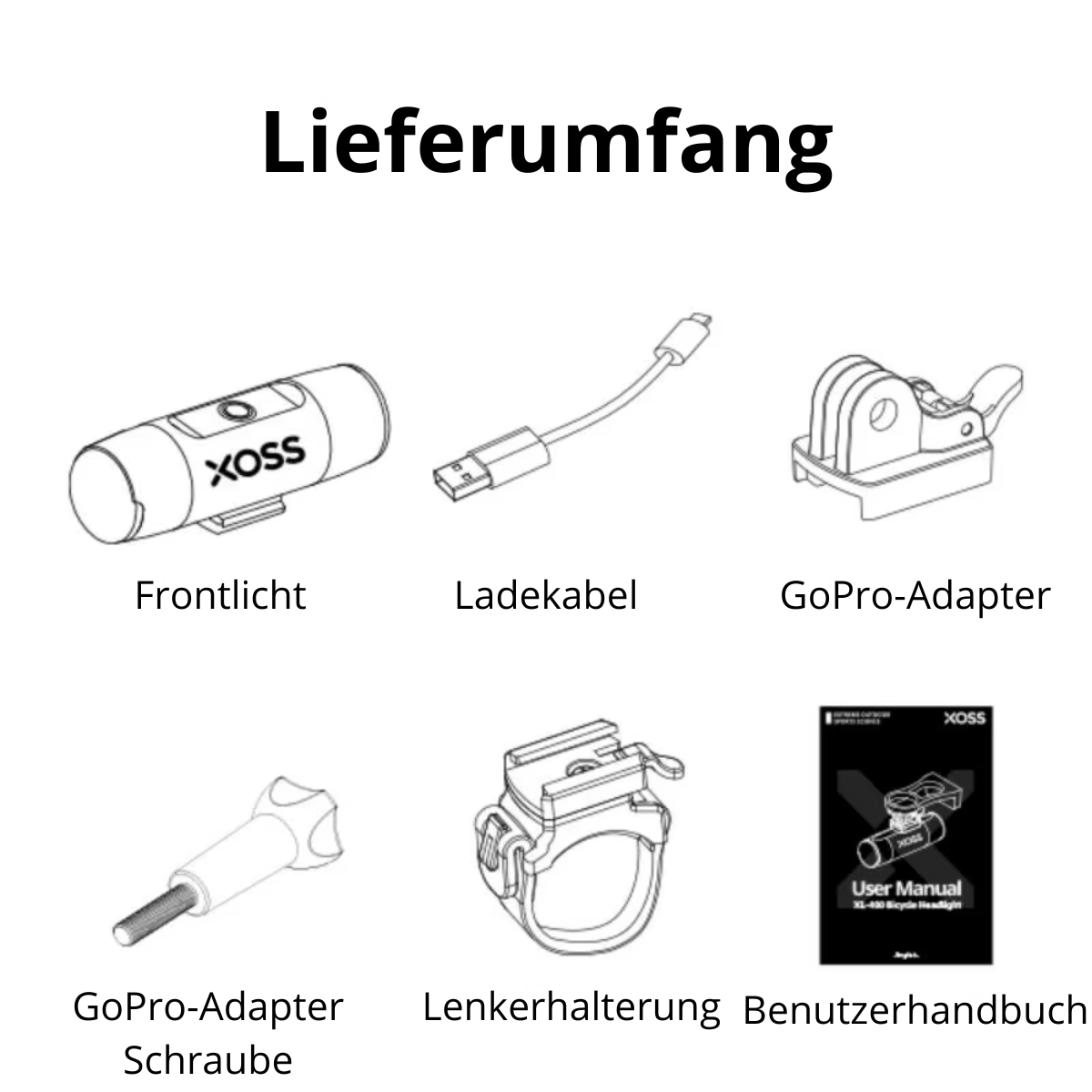 XOSS Fahrradlampe Lieferumfang mit Ladekabel, GoPro-Adapter und Lenkerhalterung