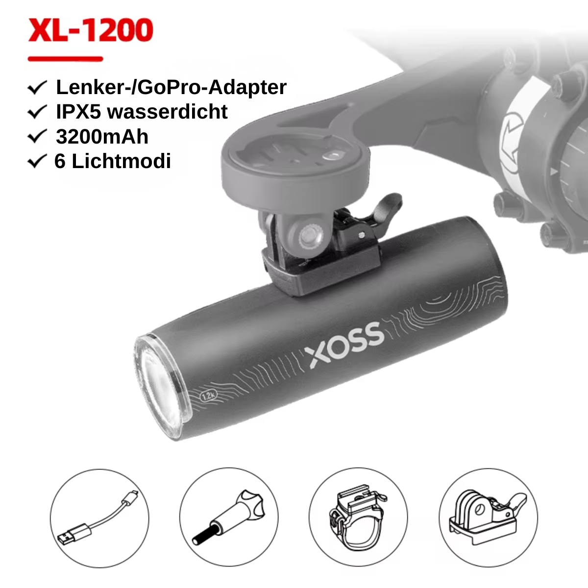 XOSS Fahrradlampe XL-1200 mit GoPro-Adapter und wasserabweisendem Design