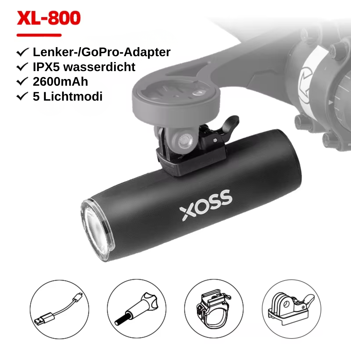 XOSS Fahrradlampe XL-800 mit mehreren Lichtmodi und USB-Aufladung